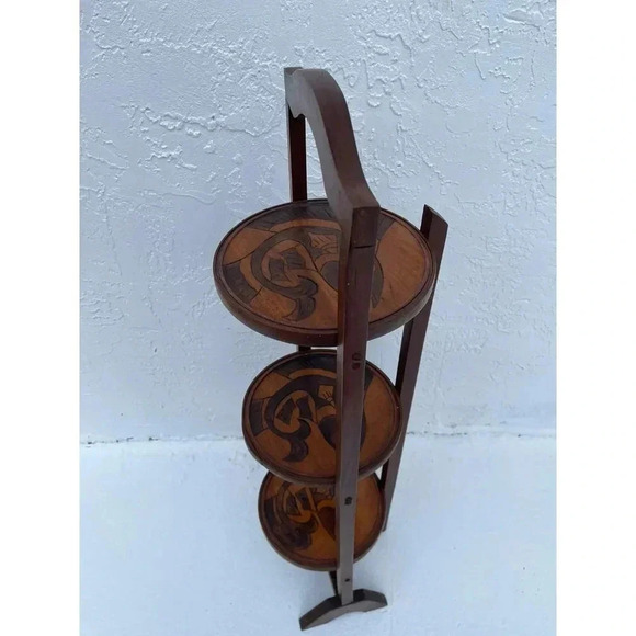 Vintage 3-Tier Solid Wood Round Carved Folding Table Pie Stand Plant Shelf 38.5" - Picture 7 of 11
